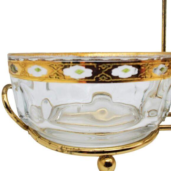 French Glass Condiment Bowls Arcoroc Valencia Gilded Green Hollywood Regency - Picture 2 of 16